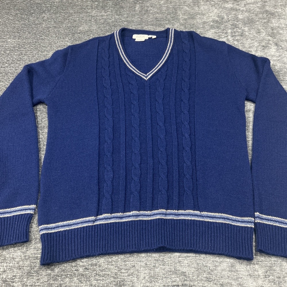 Vintage JaySport V Neck Cable Knit Sweater Mens L Tall Blue Wool Acrylic Brazil